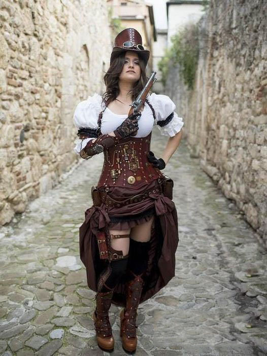 brown and white steampunk outfit with a structured corset